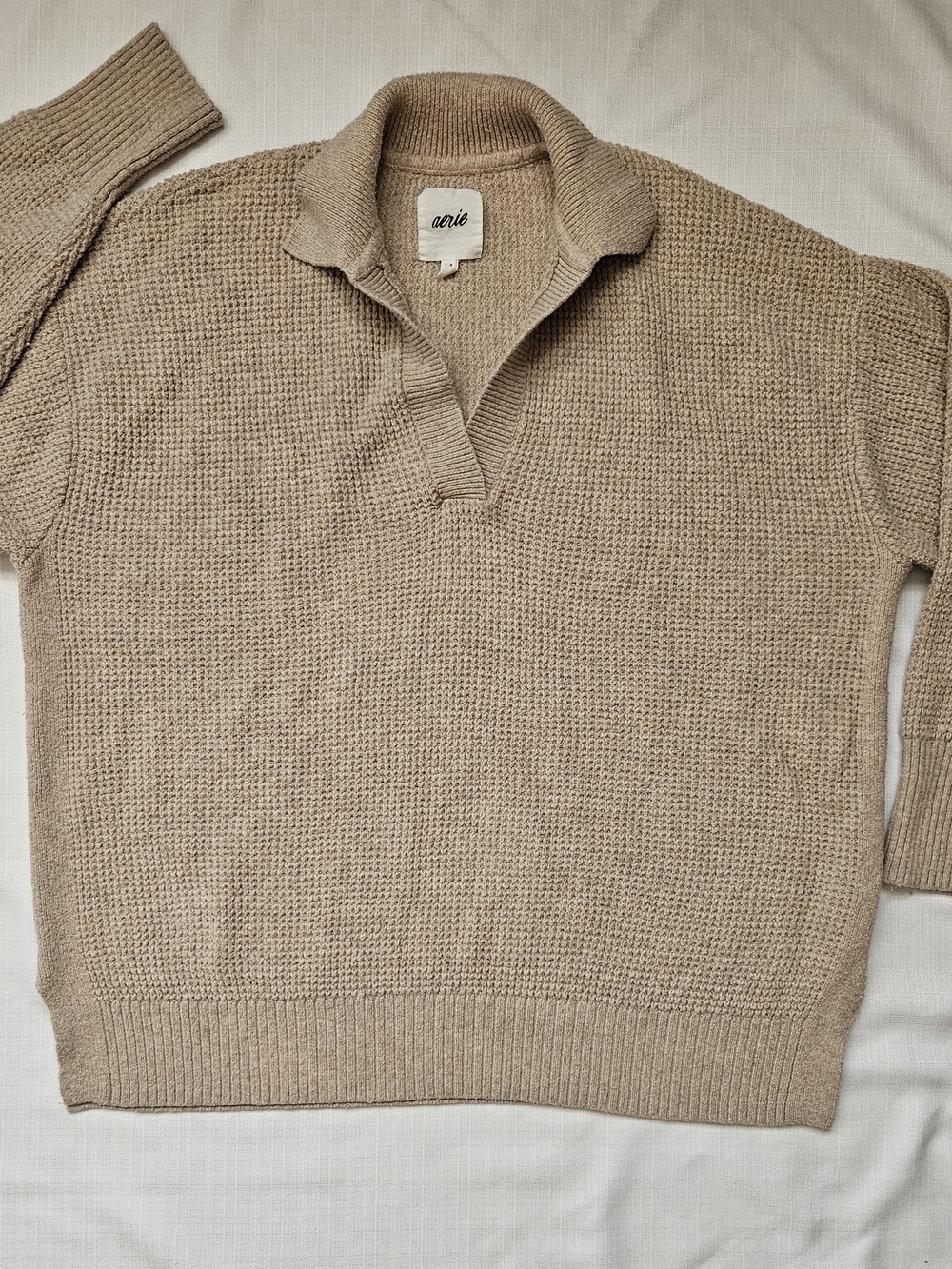 Aerie Oversized Waffle Knit Collared V-Neck Sweater Tan Beige Size S